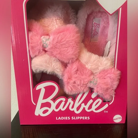 Barbie Fuzzy Pink Slippers with Bow - Picture 1 of 3